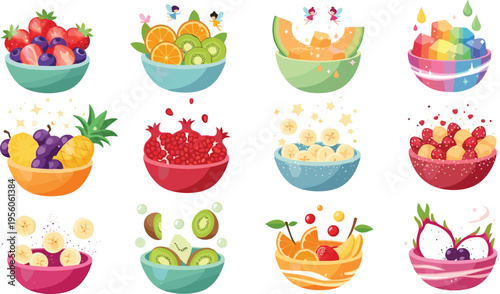 Colorful Fruit Bowl Collection Set with Fresh Mixed Fruits Tropical Healthy Food Desserts and Juices Flat Cartoon Vector Illustrations for Menu Design and Packaging