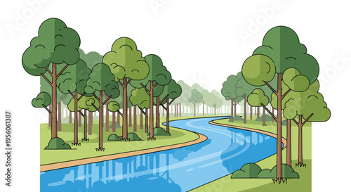 Winding River Through Green Forest Illustration Capturing Serene Natural Beauty a charming cartoon landscape depicting a peaceful ecosystem a