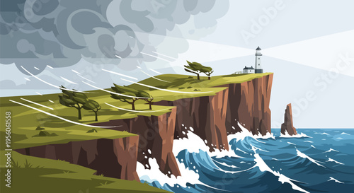 Dynamic coastal panorama depicting a sturdy lighthouse enduring a tempestuous gale and powerful ocean waves against rugged cliffs