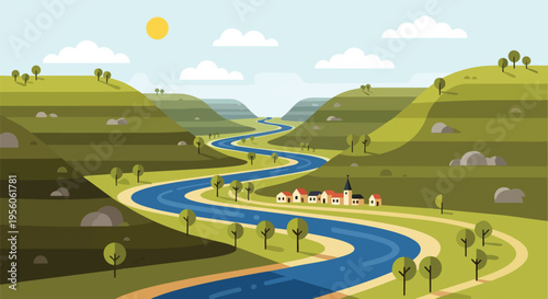 Picturesque valley landscape with a winding river and a charming village under a sunny sky in a modern flat design style portraying tranquil rural