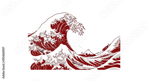 Quadro su tela Great Wave Japanese Art Style Mt Fuji Boats Dark Red White