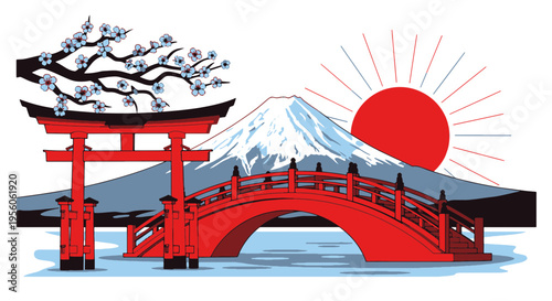 Bild auf Leinwand Japan Scene with Mount Fuji Red Torii Gate Cherry Blossoms and Sunrise