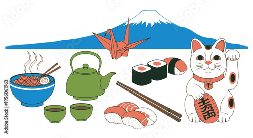 Japanese Food and Culture with Mount Fuji and Maneki Neko