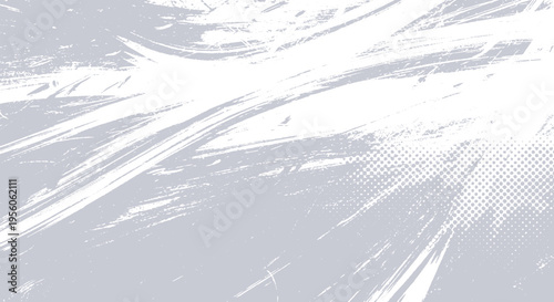 Abstract grey distressed background with white brush streaks and fine halftone dots, minimalist artistic overlay for creative use, brush stroke