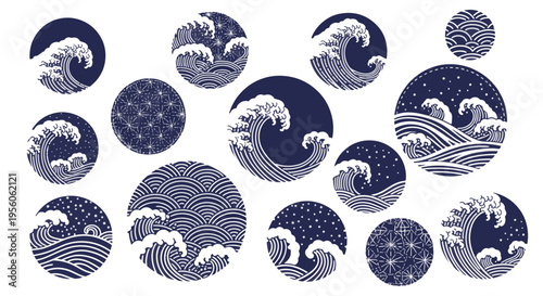 Japanese Wave Circle Designs Dark Blue White Traditional Art