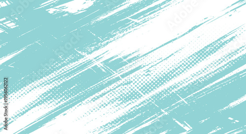 Teal abstract background with white textured paint strokes and halftone dot pattern, modern artistic overlay for commercial use, brush stroke