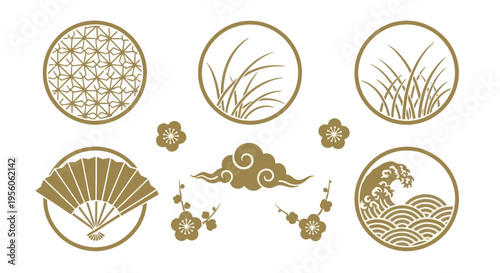 Japanese Wave Fan Grass Flower Cloud and Geometric Pattern Motifs