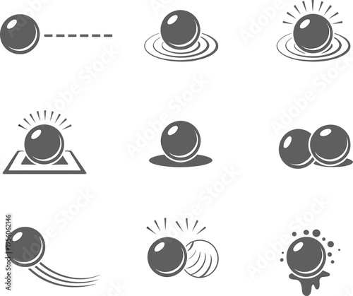 Ball motion icons set illustration, physics movement concepts collection, bounce impact and trajectory symbols, minimal vector design
