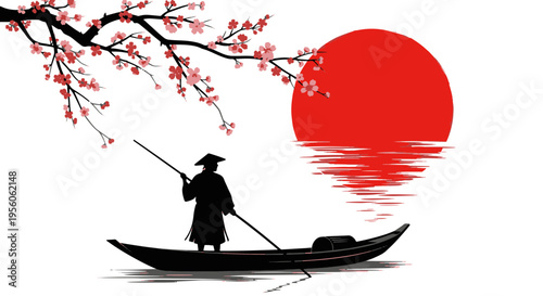 Man in Traditional Hat Rows Boat Under Cherry Blossoms and Red Sun