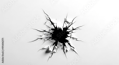 Dramatic visual of destructive impact, showcasing intricate bullet holes in paper with sharp, radiating tears.