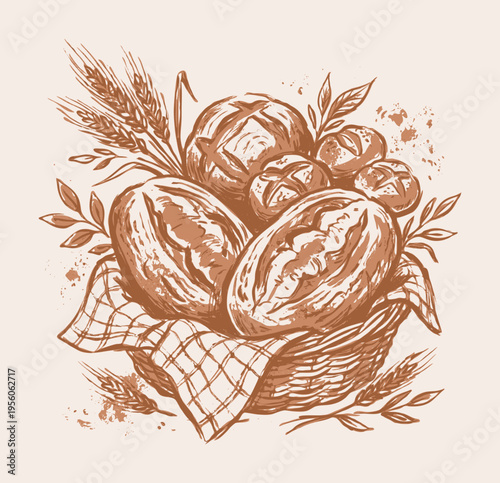 Vintage sourdough bread basket vector illustration drawing, rustic hand-drawn sketch style artisan bakery graphic with crusty boule loaf, wheat stalks, and checkered cloth 
