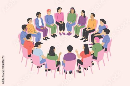 Diverse group of people sitting in a circle on chairs participating in a therapy session or meeting