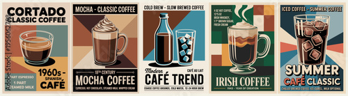 Vintage coffee posters show classic brews. Each design evokes 1950s charm and cafe culture. Mocha, Irish, and summer classics are featured. Bold fonts and retro colors capture nostalgic appeal