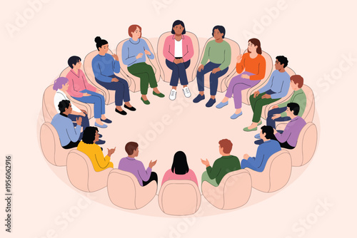 Diverse group of people sitting in a circle on chairs discussing ideas and sharing thoughts