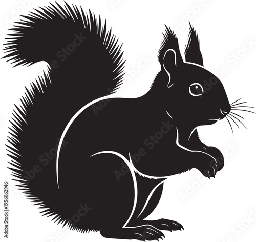 Silhouette of a squirrel with bushy tail with isolated on a white