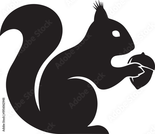 Black silhouette squirrel holding acorn on white background