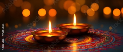 diwali festival lamps with rangoli decoration. indian celebration background