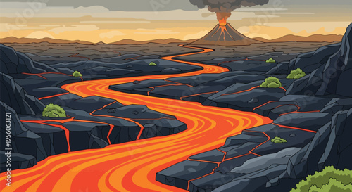 Vibrant River of Molten Lava Flowing Through a Stark Volcanic Landscape with an Erupting Peak Under a Smoky Sky