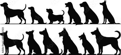 Collection of black dog silhouettes in various poses and breeds isolated on white background