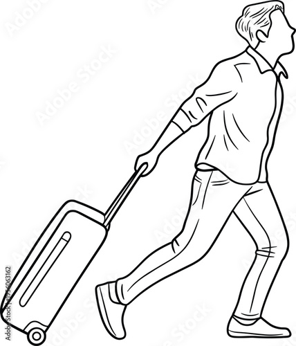 Business traveler walking with suitcase, airport journey concept, minimal black and white line art vector illustration