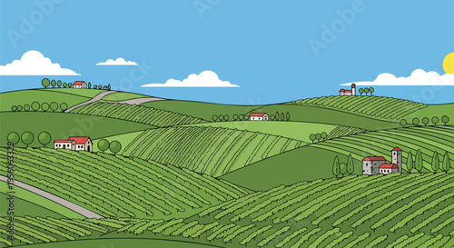 Stylized illustration of a picturesque vineyard landscape with green rolling hills, charming houses, and a blue sky above, capturing a serene rural