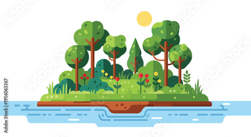 A vibrant flat design illustration showcasing a pristine island ecosystem thriving with lush green trees, diverse shrubs and colorful blooming