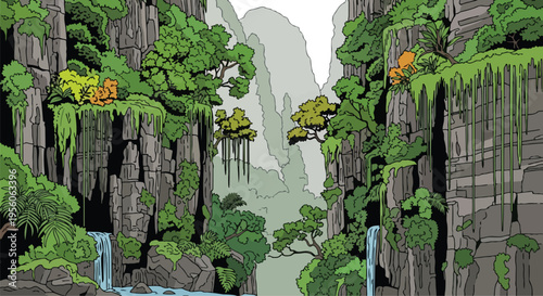 Vivid jungle canyon with towering cliffs, lush plants, and waterfalls nourishing winding river below, showcasing pristine natural beauty artwork.