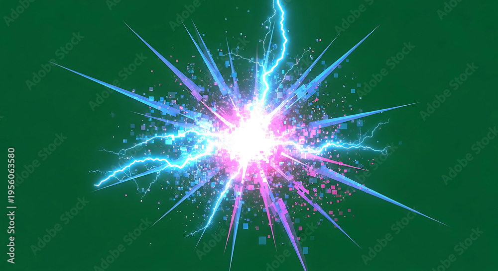 Obraz premium Vibrant digital energy explosion with lightning effects on a versatile green screen for visual effects compositing