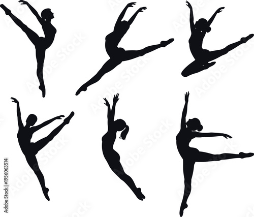 Ballet dancer silhouettes performing elegant jumps and poses, graceful female movement isolated on white background, classical dance art, flexibility, motion, performance concept