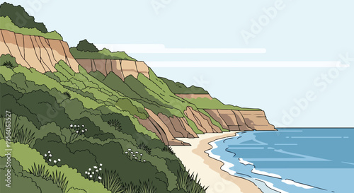 Coastal Cliffs and Serene Beach Panorama with Lush Green Vegetation Overlooking Calm Blue Ocean Waters