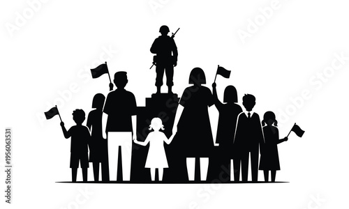 Community gathering with soldiers and civilians holding small flags in a united display