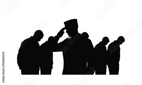 Silhouettes of people saluting a central figure in a unified gesture of respect