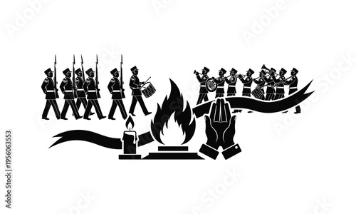 Silhouette of military band and symbolic elements of remembrance and destruction