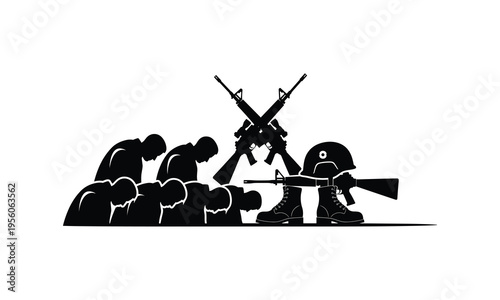 Silhouette of soldiers and civilians amidst a tense military confrontation