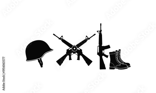 Military equipment silhouettes featuring rifle, boots, and helmet