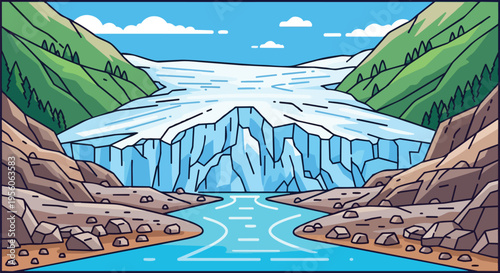 Majestic glacier in a vibrant mountain valley with river flow a stunning animated landscape illustration depicting ice cliffs and natural waterways