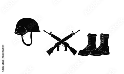 Military gear featuring helmet, rifles, and combat boots in black silhouette