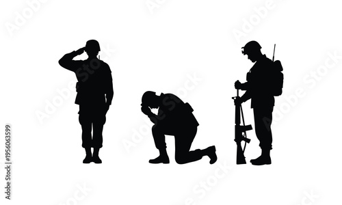Three soldiers in different states of readiness and distress depicted in silhouette.
