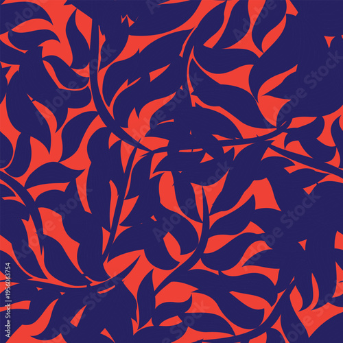 Botanical Fashion Textile Design Pattern With Navy Leaves On Orange Background