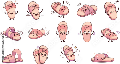 Cute Kawaii Sandal Character Set with Funny Cartoon Emotions and Actions Pink Summer Footwear Mascot Collection for Kids Stickers Emoji Designs and Fashion Illustration
