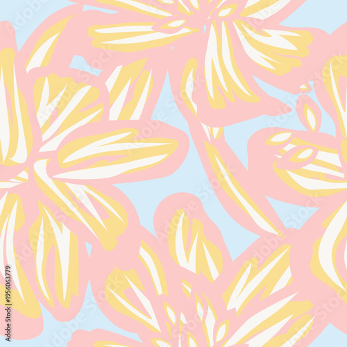 Floral Textile Design Pink Yellow And Blue Flower Pattern Fashionable Fabric Print Repeating Petals Decorative Surface Artistic Wallpaper Homeware Design Trendy Style