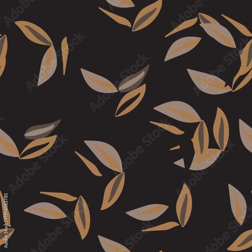 Textile Design With Brown And Beige Leaves On Black Fashionable Pattern