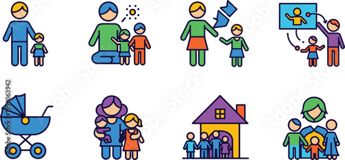 Family Care and Parenting Icon Set with Parents, Children, Adoption, Education, Baby Stroller, Home Support and Child Development Vector Illustration Collection