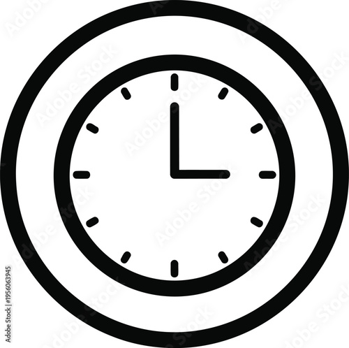 A minimalist black and white outline icon representing a classic round wall clock with time hands Vector