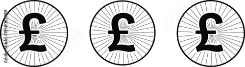 Three black outlined circular icons containing the british pound sterling currency symbol on white Vector