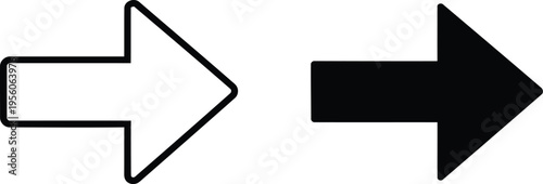 Two distinct arrow icons representing a hollow outline version and a solid filled black version Vector