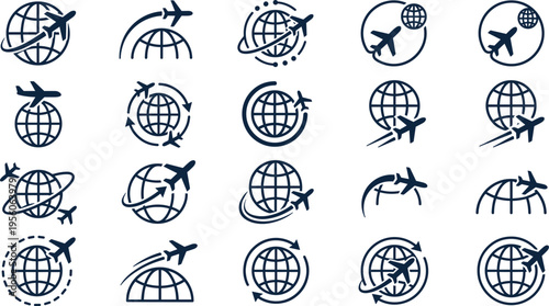 Airplane and Globe Line Icon Set with Flight Routes, Global Travel Symbols and Aviation Navigation Elements for Modern Transportation Design