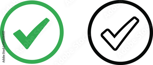 A pair of circular icons featuring a solid green checkmark and a black outlined checkmark shape Vector