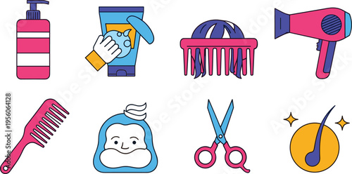 Hair Care and Grooming Icon Set with Shampoo, Comb, Scissors, Dryer, Styling Tools and Salon Accessories for Beauty, Barber, Hygiene, and Personal Care Designs