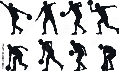 Collection of Professional Bowling Player Silhouettes Featuring Various Action Poses With Balls Isolated on White Background for Indoor Recreation and Sports Graphic Design Projects